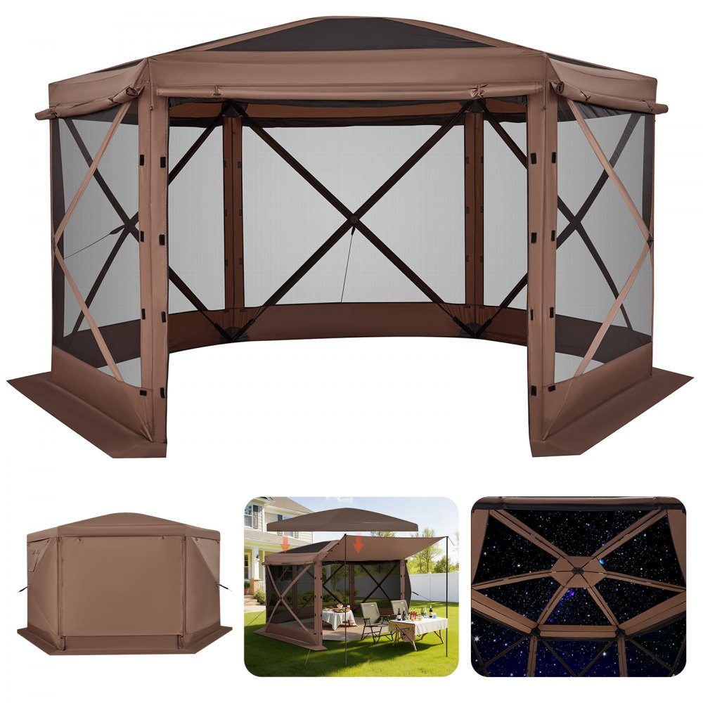 Tonnelle escamotable 3,6 m x 3,6 m, tente de camping à 6 côtés avec toit amovible et sac de transport, pare-soleil pour 8 à 10 personnes, tente de fête pour jardin, terrasse, marron