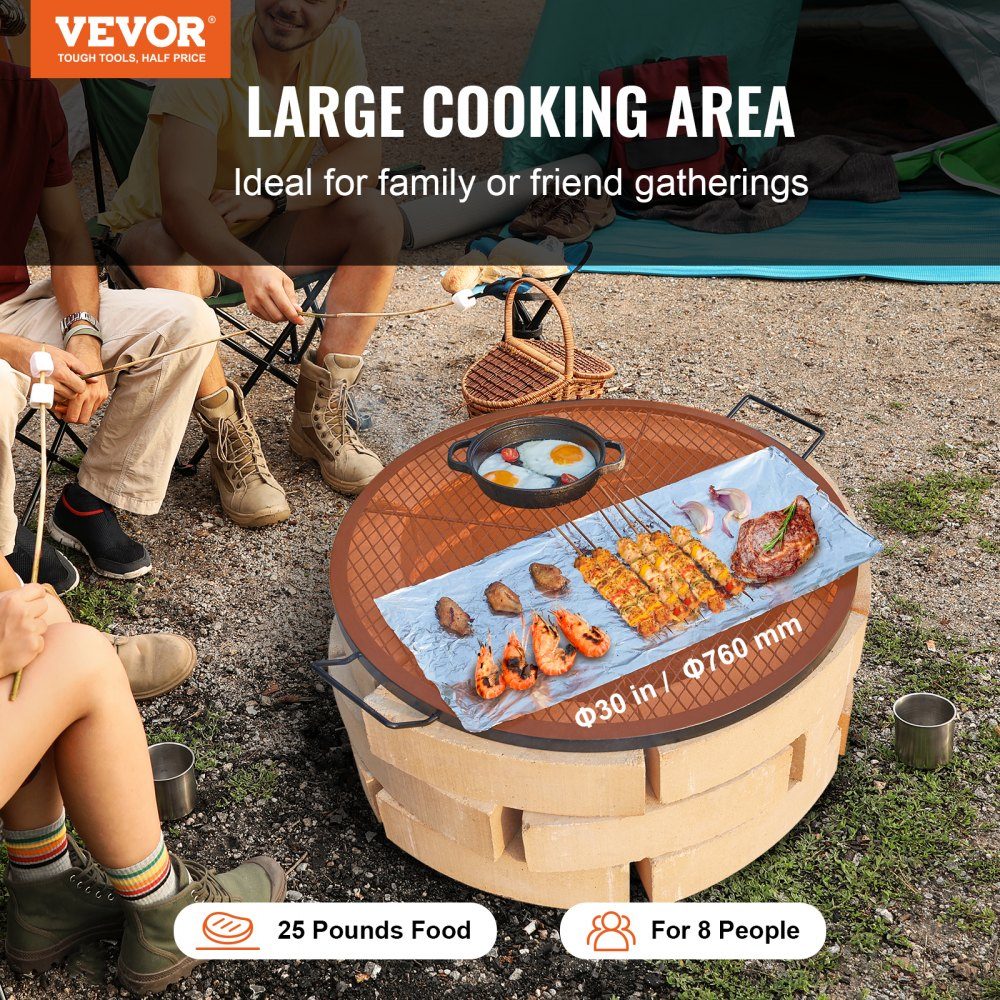 X-Marks Grille de barbecue pour foyer, Φ 760 x 25 mm, grille de barbecue en acier avec poignée et support X-Wire, batterie de cuisine de camping portable pour fêtes et rassemblements en plein air, noir