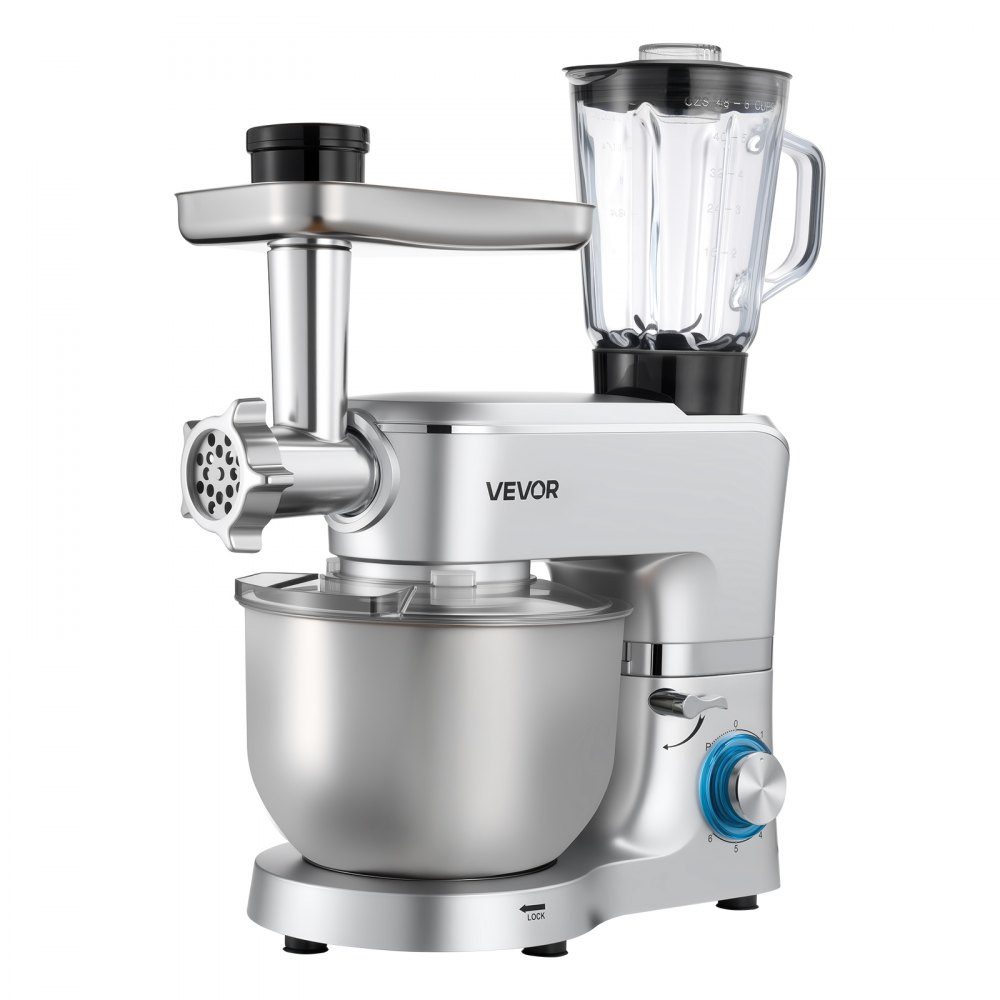 Multifunctional electric food processor 1500 W with stainless steel bowl (6 l) and mixing cup (1.5 l), kneading machine, dough mixer with 6+P speeds, dough hook, whisk and beater