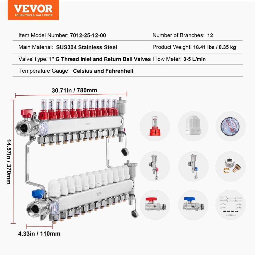 12 Branch Heat Spreader, 1/2" PEX Pipe Manifold, Stainless Steel PEX Manifold for Hydronic Underfloor Heating, Heat Distribution PEX Manifold Kit with 1/2" Adapters Included