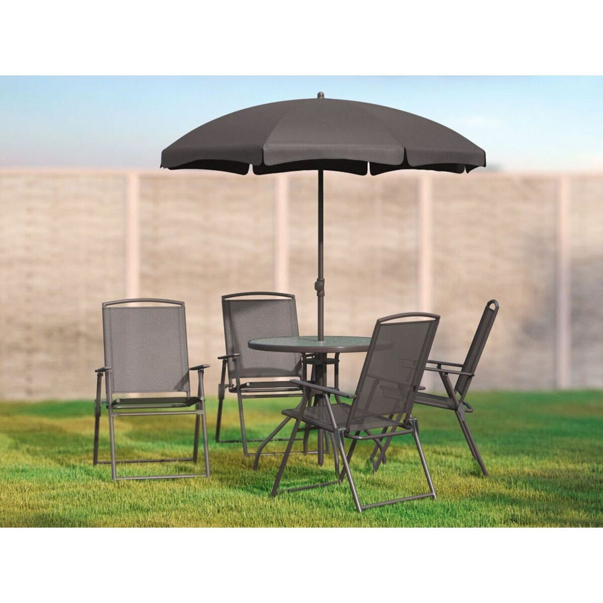 Groupe de sièges, 6 parties, avec table et parasol