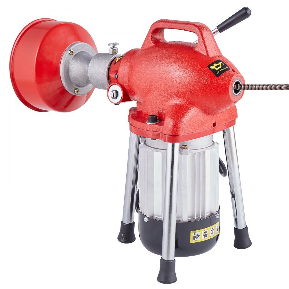 Pipe Cleaning Machine 120' x 5/8'', 370W Electric Pipe Cleaning Cable with Manual Feed - with 2 steel cable sections (120' x 5/8" and 23' x 3/8"), 7 cutters and CW/CCW control for 1.6" to 4" pipes