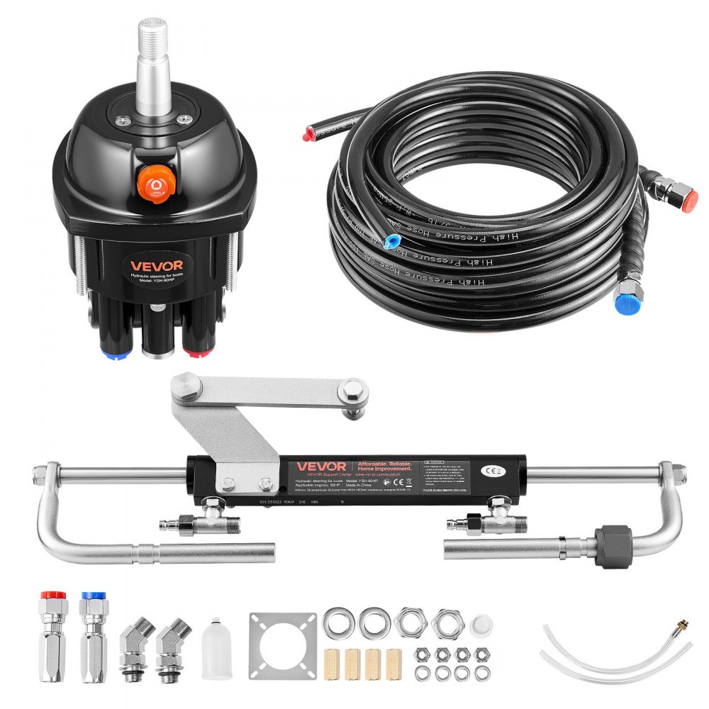 Outboard Hydraulic Steering Kit, 70kW (90HP) Hydraulic Boat Steering System, with 6.9MPa steering pump, two-way lock cylinder and 6m high strength hoses, for single helm, single engine Outboard Hydraulic Steering Kit, 70kW (90HP) Hydraulic Boat Steering System, with 6.9MPa steering pump, two-way lock cylinder and 6m high strength hoses, for single helm, single engine