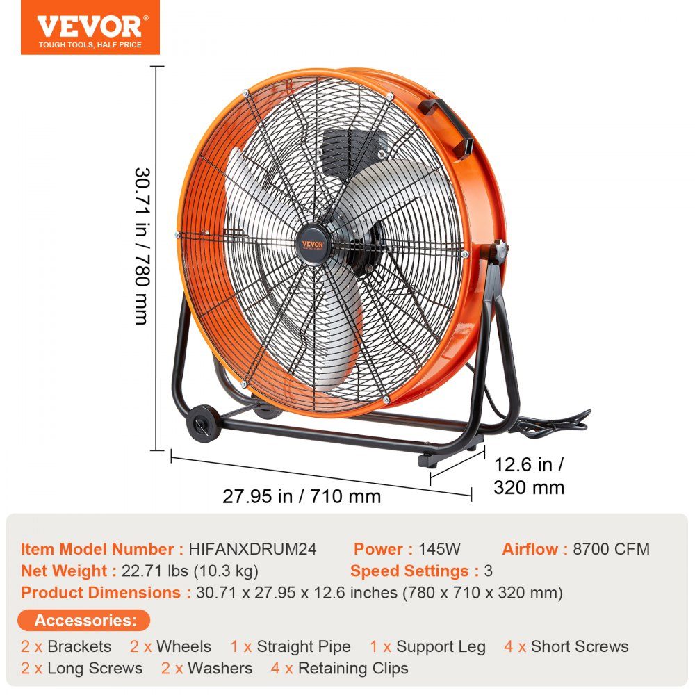 Trommelventilator, Bodenventilator, Industrieventilator, 3 Geschwindigkeiten, 8600 CFM, 360° verstellbare Neigung, 0–2 Stunden Timer, Standventilator, Windmaschine für Lager, Werkstatt, Fabrik, Keller