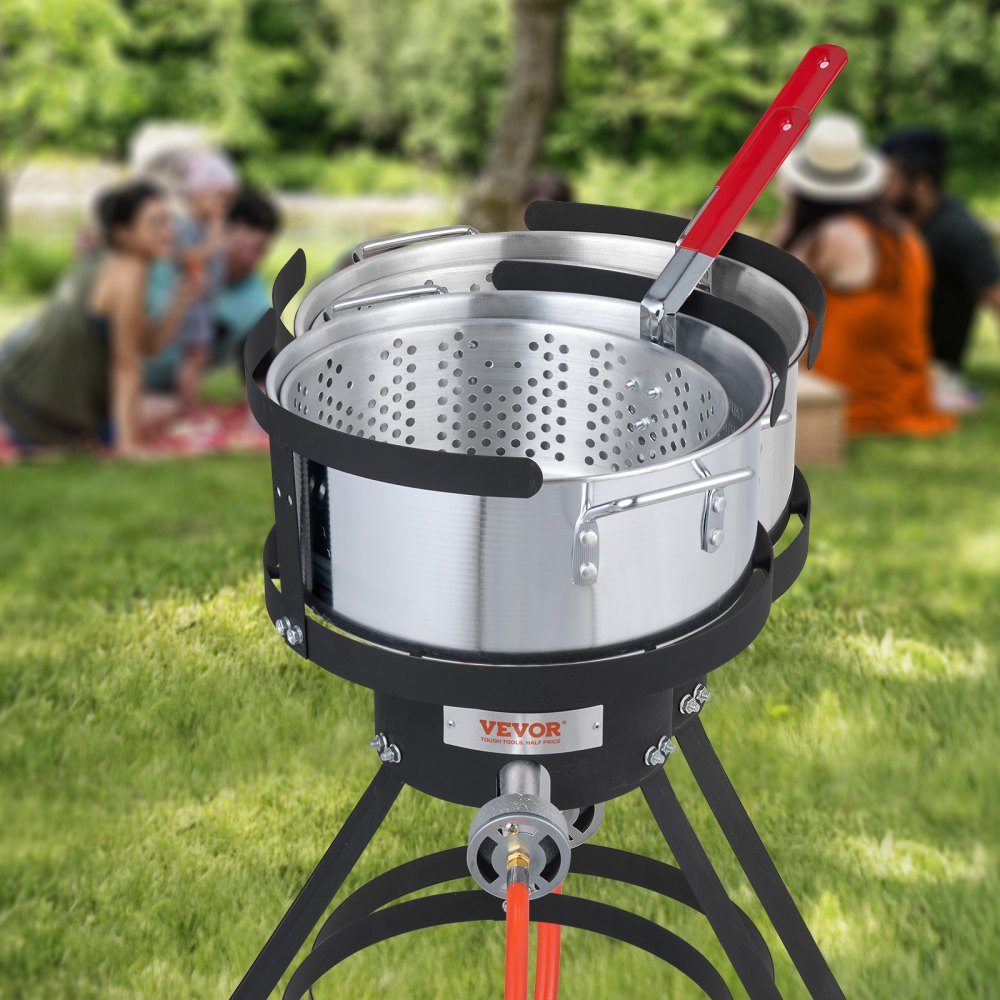 Fischfritteuse, Flügelfritteuse, 9,35 l, Propan-Fischfritteusen-Set, Aluminium-Meeresfrüchtetopf für den Außenbereich, mit Thermometer, Siebkorb und 54.000 BTU-Propanbrennern für das Kochen im Freien