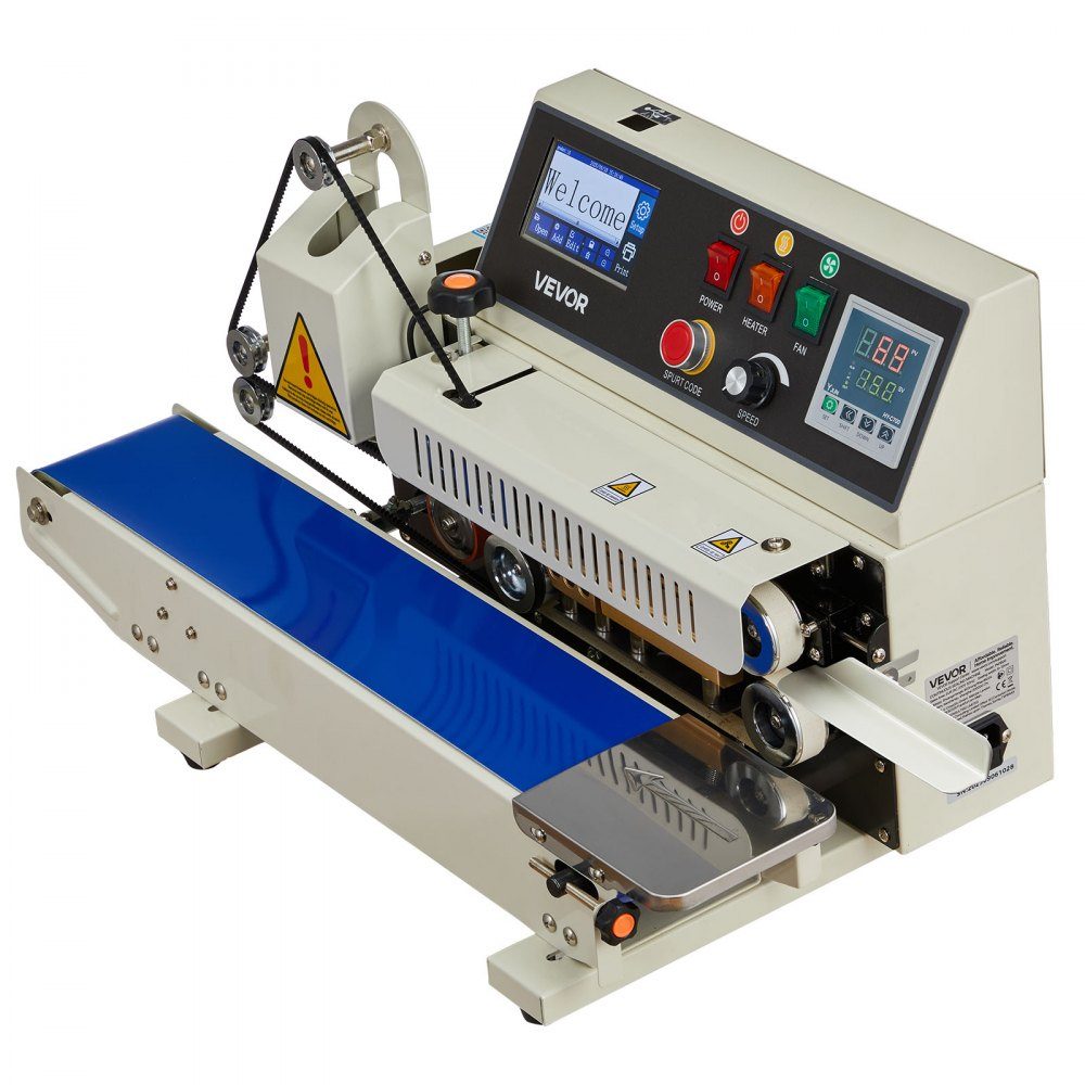 Continuous sealing machine, 6-12mm sealing width, horizontal, with ink printing, sealing machine, temperature and speed adjustable, for 0.03-0.8mm plastic bags