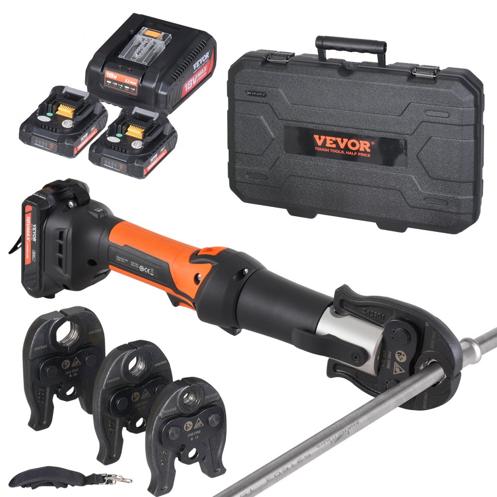 Pressing Tool and Battery Set, Pipe Crimping Tool, Electric Pipe Crimping Tool with V15, V22, V28 Jaws, Pressing Tool Set with 2pcs 18V 2.0Ah Batteries, Quick Charger and Carry Bag Pressing Tool and Battery Set, Pipe Crimping Tool, Electric Pipe Crimping Tool with V15, V22, V28 Jaws, Pressing Tool Set with 2pcs 18V 2.0Ah Batteries, Quick Charger and Carry Bag