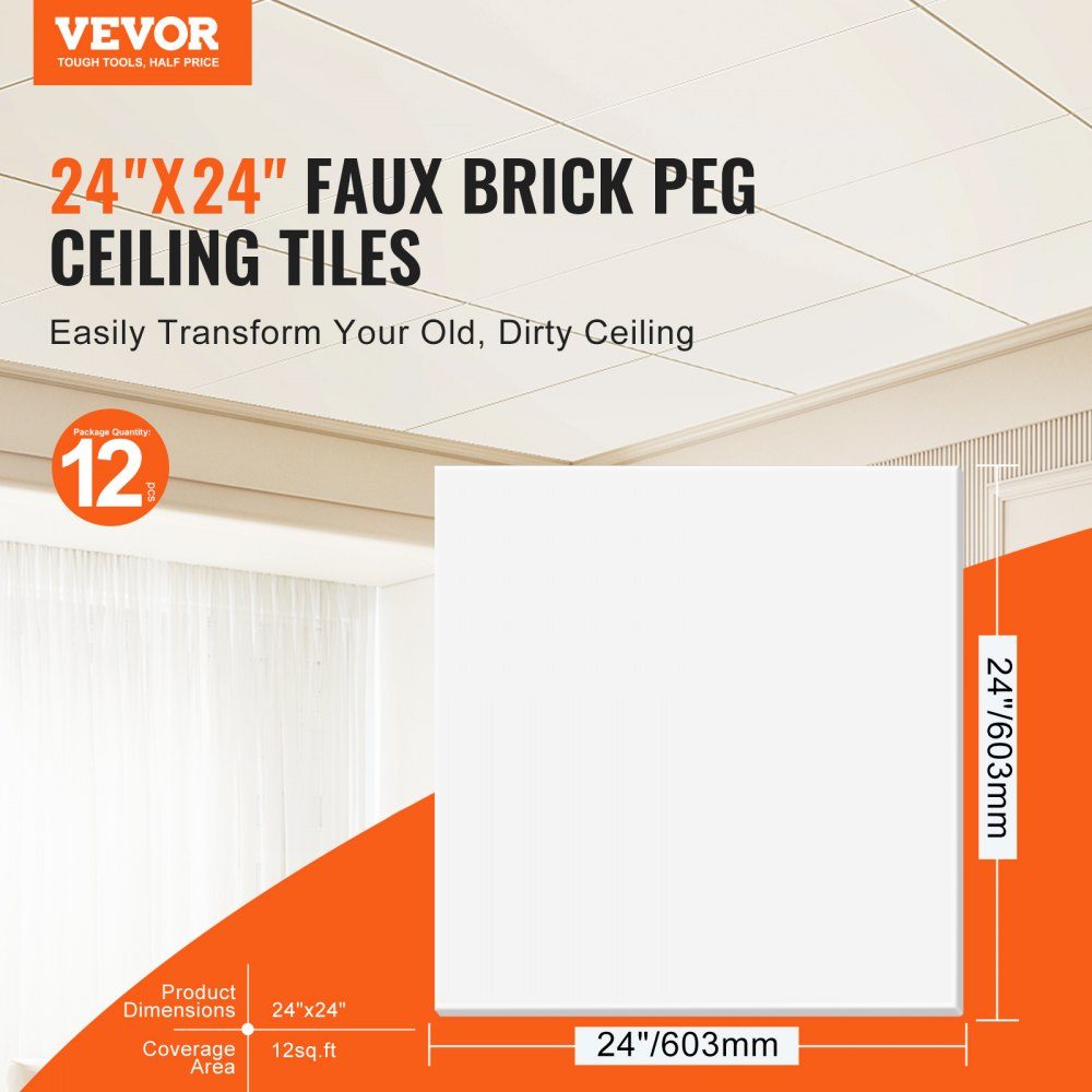 Ceiling Tiles, 12 Pack 24x24 Inch Suspended Ceiling Tiles Made of High Quality PVC Foam, Fireproof, Good Flexibility and Easy Installation, Ceiling Panel for Home/Office Decoration, Smooth White