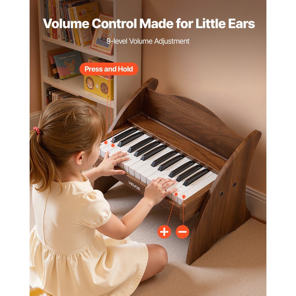 Children's keyboard, 25 keys, electric piano, wooden piano for children aged 3 and over, musical toy with realistic sound, dual power, adjustable volume, early musical education, walnut wood