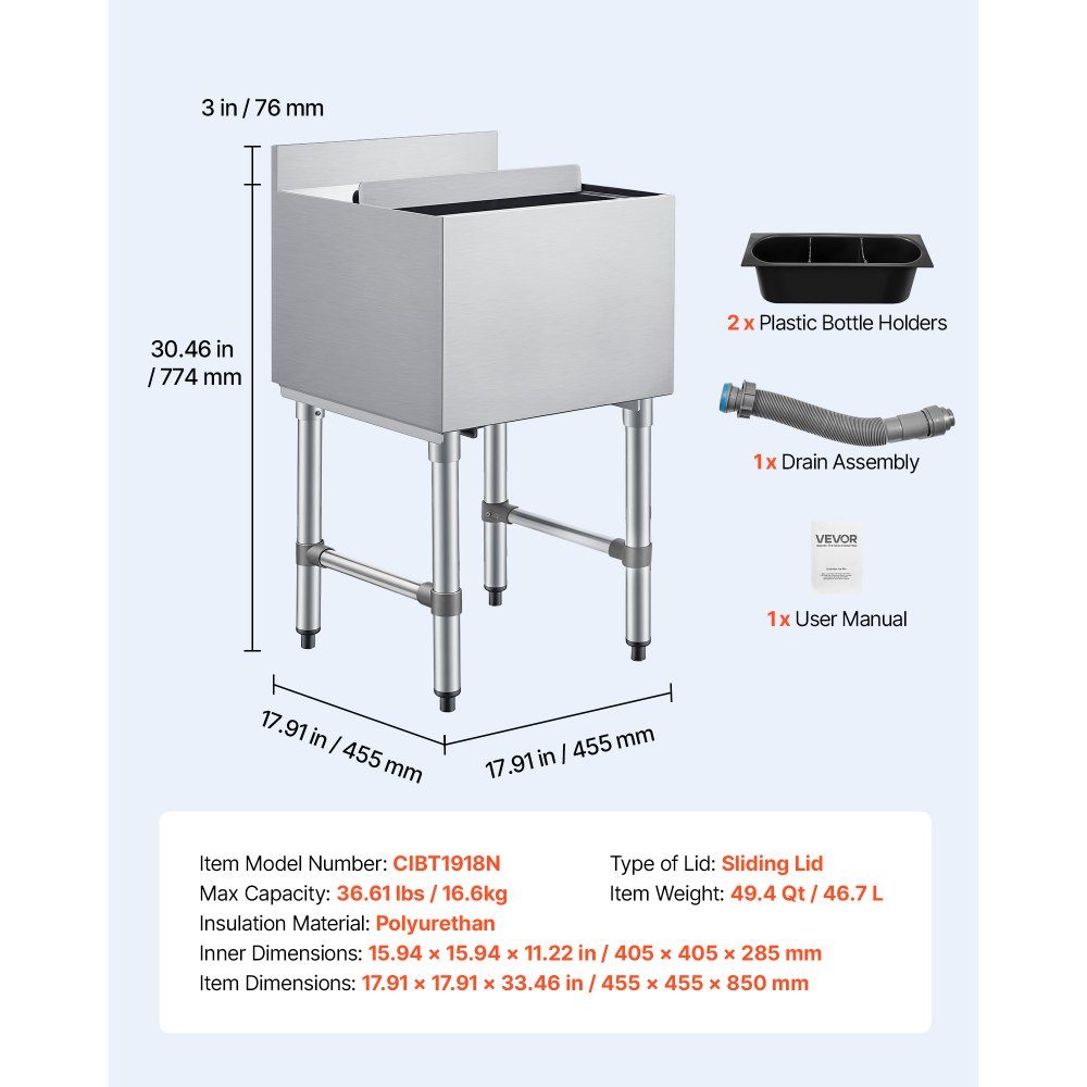 Cateringowy pojemnik na lód 46,7 l, podblatowy pojemnik na lód ze stali nierdzewnej 455 x 455 x 850 mm z przesuwaną pokrywą, uchwytami na butelki i regulowanymi nóżkami, do barów, restauracji i pubów, certyfikat NSF