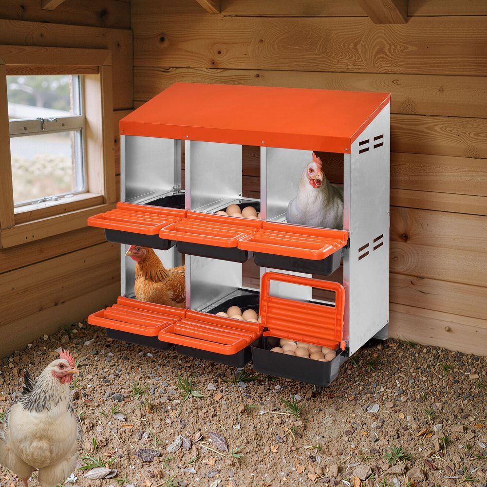 Laying nest, 6 compartments, roll-off nest made of metal, chicken nest with protective collecting lids, roll-off nest, breast nest for chickens, ducks, chickens and other poultry, 796x525x790 mm