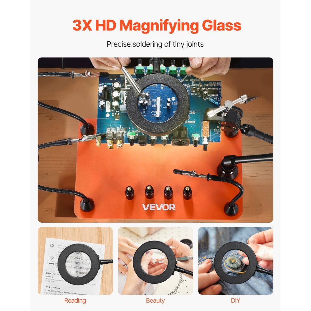 Third-hand soldering aid, magnetic soldering station, with 3x LED magnifying lamp, 4 circuit board holders & 360 degree hot air gun holder, base station for repairs, crafts & hobbies