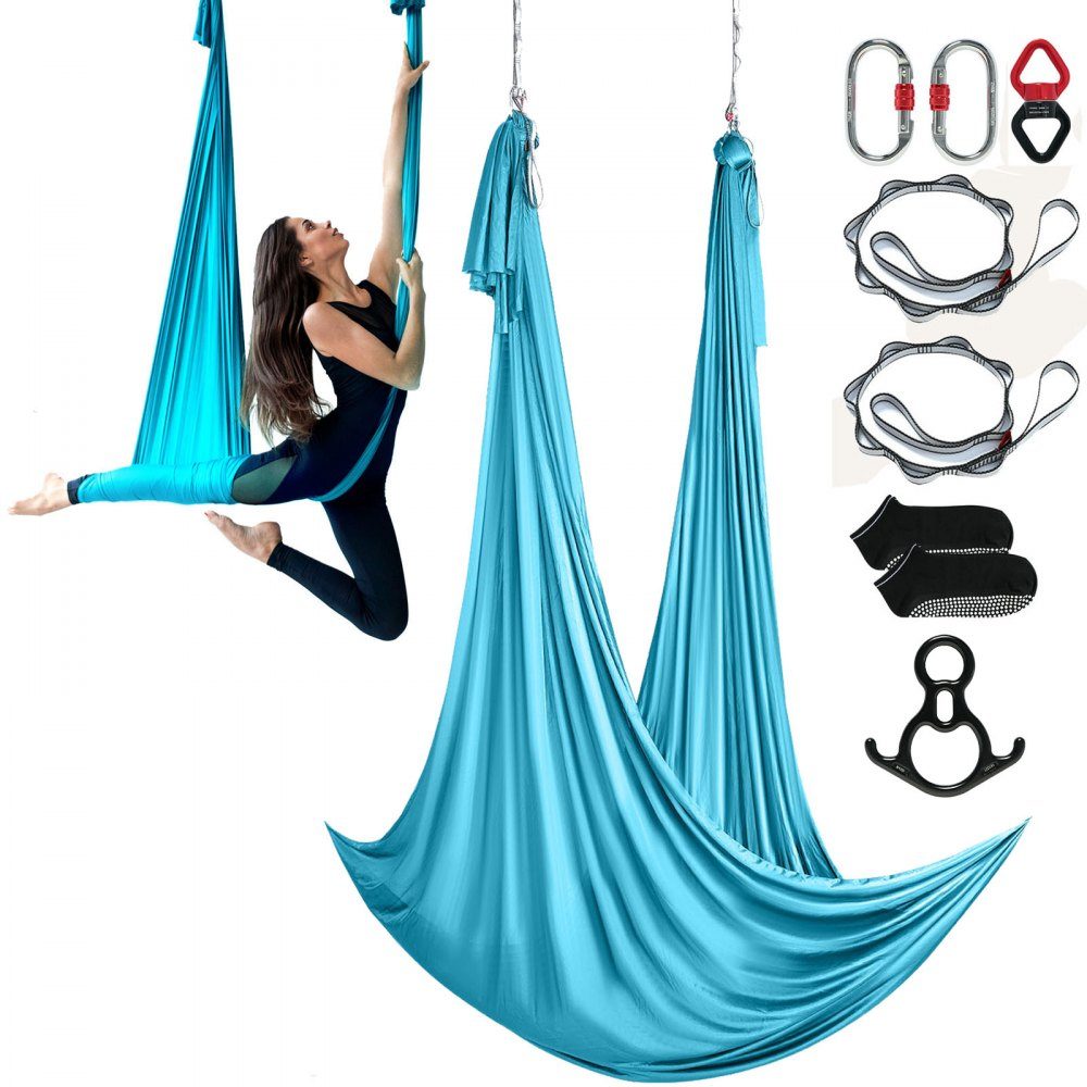 Aerial Yoga Hammock Set 10 x 2.8 m, Blue Aerial Yoga Swing Air Flies, Indoor Aerial Yoga Hammock Swing 1000 kg Max. Load Capacity, Includes Yoga Socks, Steel Carabiner and Aluminum Swivel