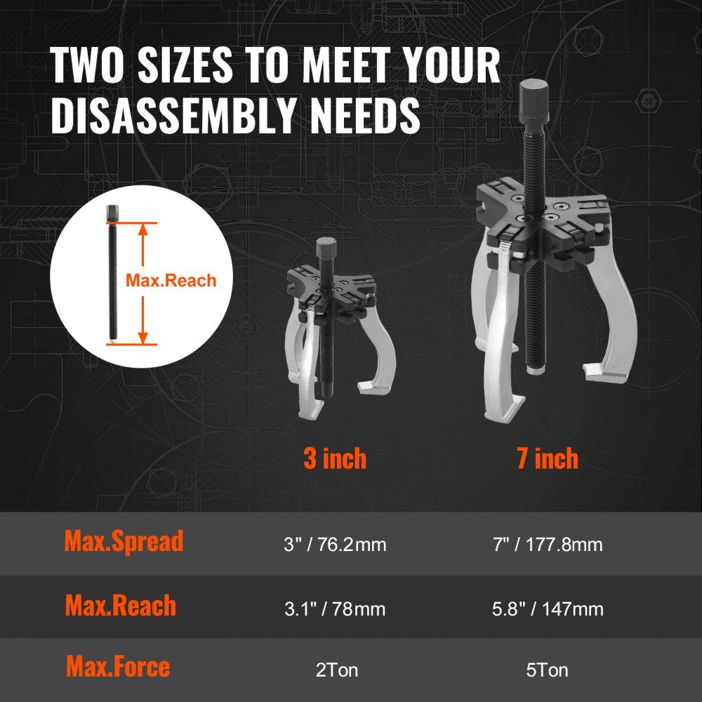 2 pieces puller tool bearing puller 2 or 5 t, three-jaw ball bearing puller inside outside 76.2 / 177.8 mm max. expansion, parallel puller bearing puller set, car puller tool