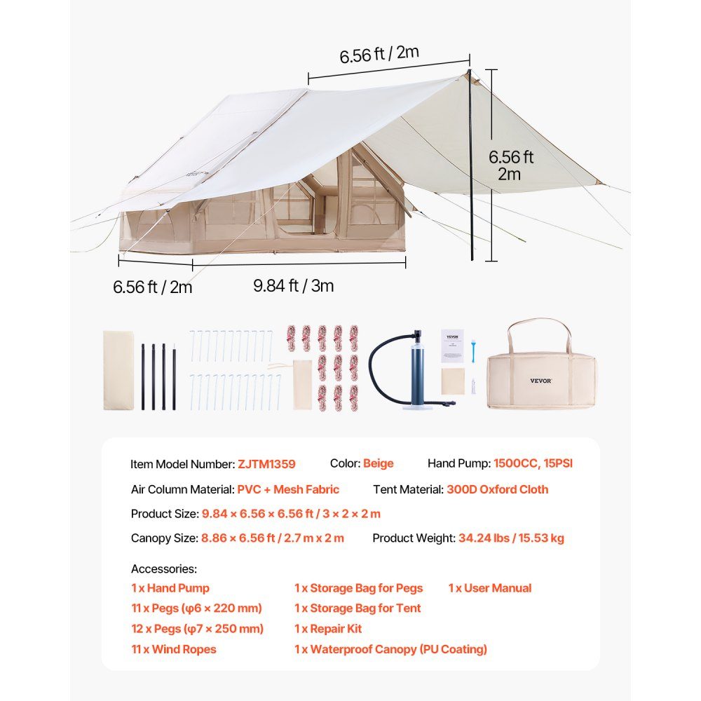 Aufblasbare Zelte für Camping, 3 x 2 x 2 m, 3–5 Personen, 300D Oxford, 4-Jahreszeiten-Glamping-Zelt mit Vordach, Handpumpe, Herdanschluss, 2 Türen und 2 Netzfenstern (Aufbewahrungstasche im Lieferumfang enthalten)