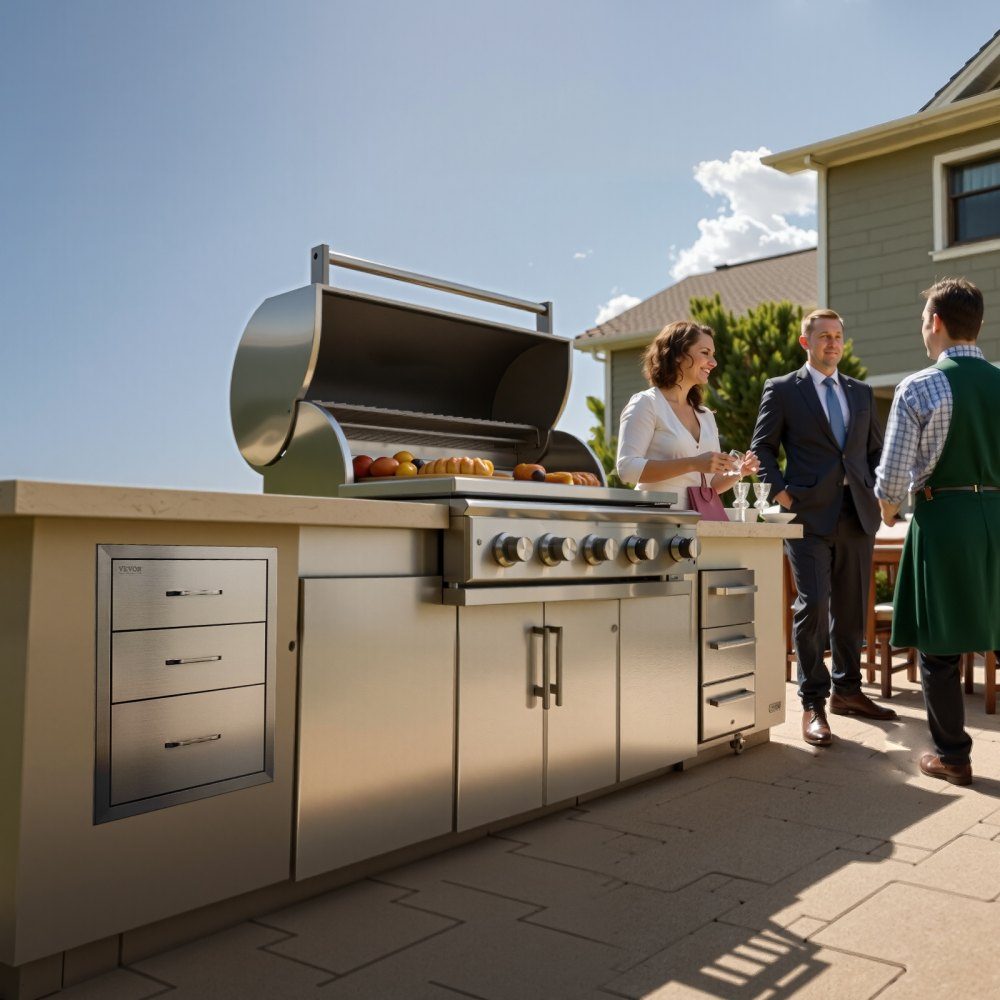 Buitenkeuken, roestvrijstalen grillladen met drievoudige toegang en chromen handgreep, 458 x 585 x 588 mm