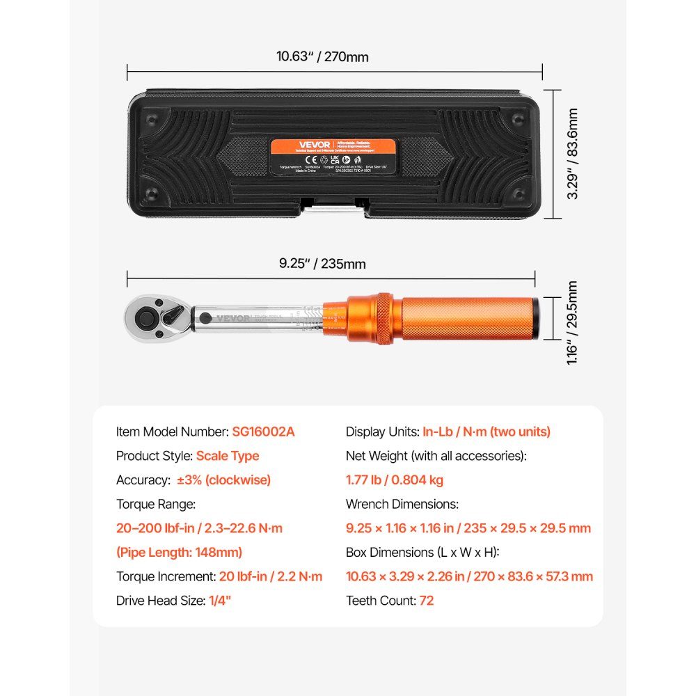 1/4" Drive Click Momentsleutel 2,3-22,6 Nm Tweeweg Momentsleutelset met Dual Range Schalen 72 Tanden ±3% Hoge Precisie Gelegeerd Staal voor Autoreparatie