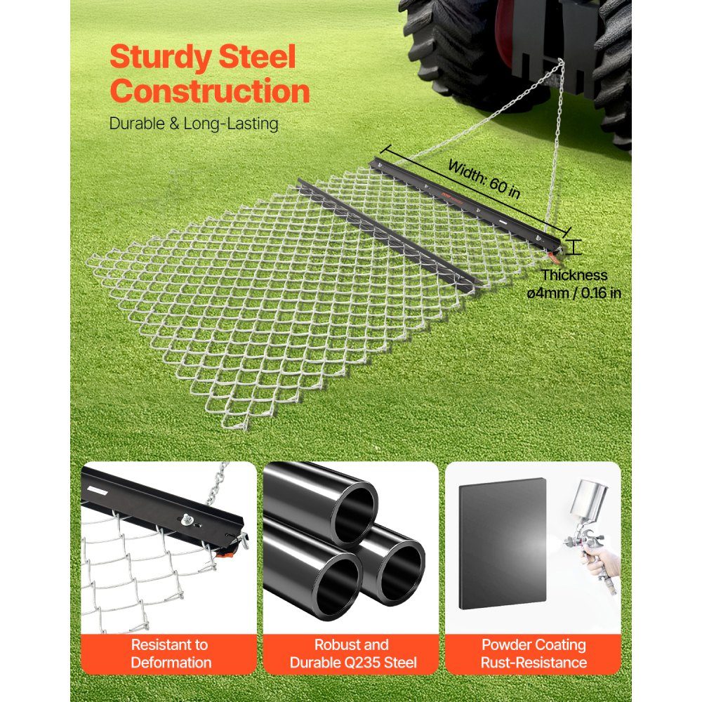 Drag Harrow 1520 x 1240 x 57mm Q235 Steel Chain Harrow UTV Tractor Attachments for Leveling Landscapes or Lawn Preparation Meadow Harrow for Gravel Driveways Farm Field Garden
