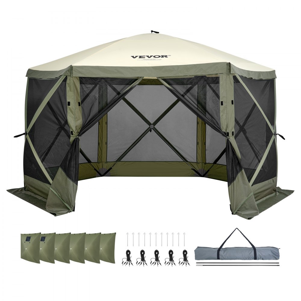Pop Up Gazebo Tent, Pop Up Tent with 6 Side Canopy, Sun Shade with 6 Removable Privacy Wind Cloths and Mesh Windows, 12 x 12 Feet, Quick Pitch Tent with Mosquito Net, Army Green Pop Up Gazebo Tent, Pop Up Tent with 6 Side Canopy, Sun Shade with 6 Removable Privacy Wind Cloths and Mesh Windows, 12 x 12 Feet, Quick Pitch Tent with Mosquito Net, Army Green