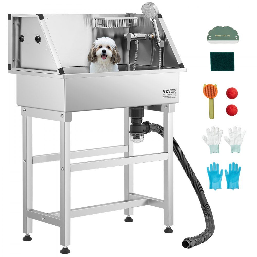 Stainless Steel Dog Washing Station, 870 x 490 x 1225mm Pet Grooming Tub with Faucet, Shower Head, Soap Holder and Toy Balls, Multi-Pet Bathtub, Home Sink