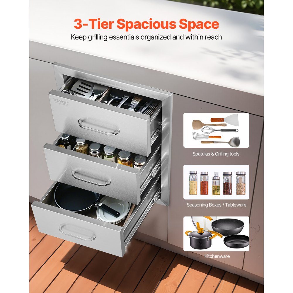 Tiroirs de cuisine extérieure, tiroirs de gril encastrés à triple accès avec poignée en acier inoxydable, tiroirs d'îlot de gril pour cuisine extérieure ou patio d'îlot de gril, 400x450x450mm
