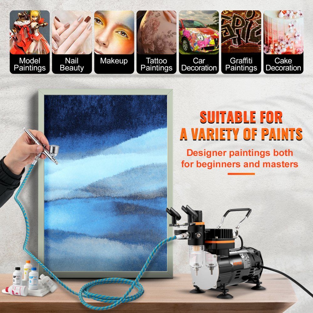 Professionelles Dual-Action-Airbrush-Spritzpistolen-Set, 18–23 l/min, 120 W, 230 V, Mini-Airbrush-Luftkompressor, Schwerkraft, Lackierpistole für Werbeillustrationen, Körperbemalung, Modellbau, Nageldesign