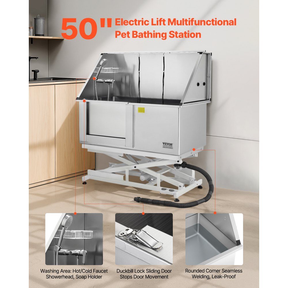 Electric Dog Washing Station with Lift Function, 50" Pet Grooming Tub with PE Water Filter Plate, Faucet and Shower Head, Dog Bathtub, Multi-Pet Sink (Left Door)