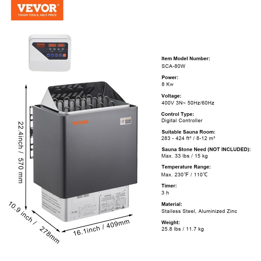 Saunaofen, 8 kW, 400 V, 3N, tragbarer Saunaofen für den Innen- und Außenbereich, mit 3-Stunden-Timer, digitale Steuerung für 8–12 m³ zu Hause, gewerbliche Nutzung in Hotel-Spa-Duschen, max. 110 °C