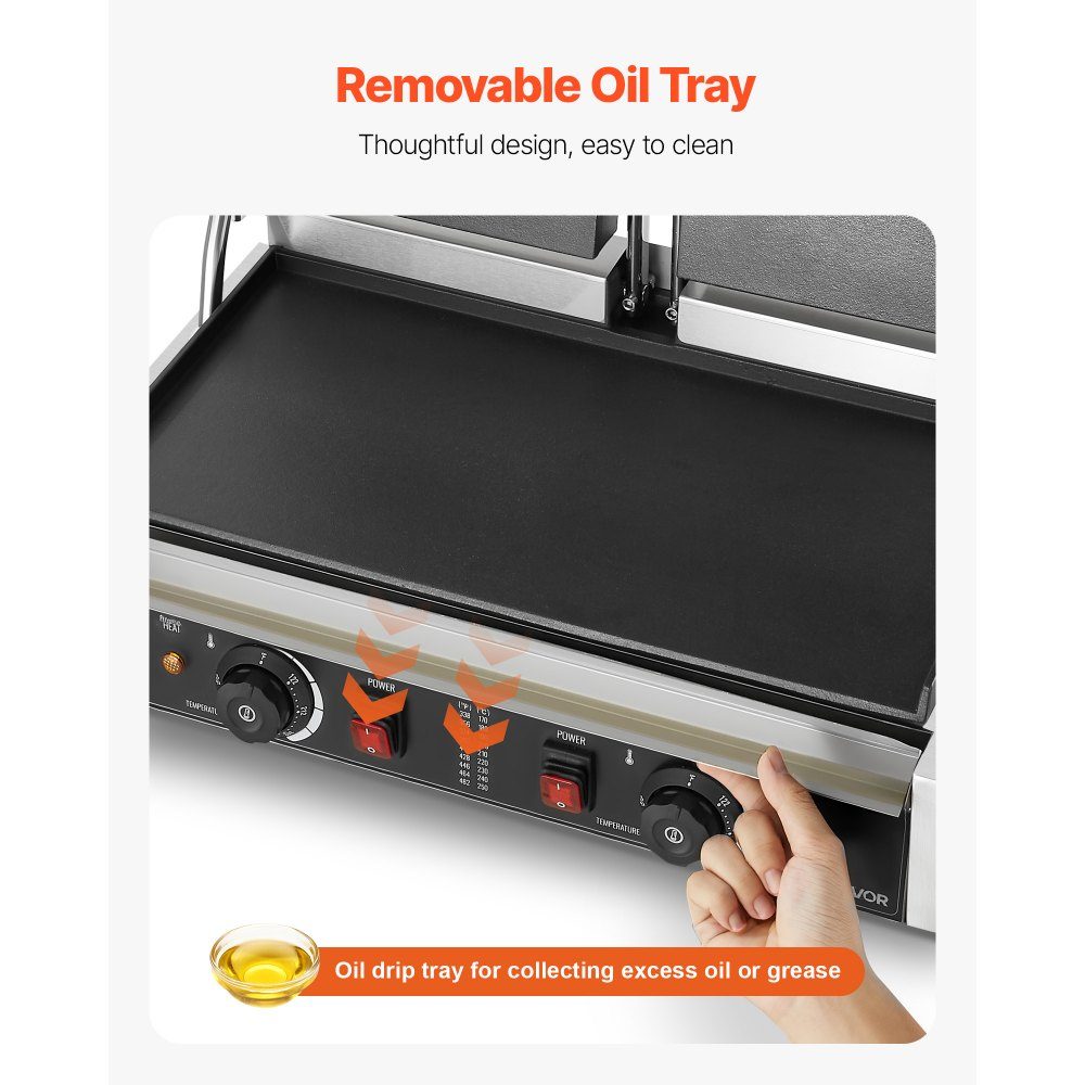 Gewerblicher Kontaktgrill 3600 W Elektrogrill Sandwichmaker (doppelte Backplatten) Paninipresse aus Edelstahl mit Temperaturregelung, 48 x 23 cm flache Emailleplatte, für Hamburger-Steak-Speck