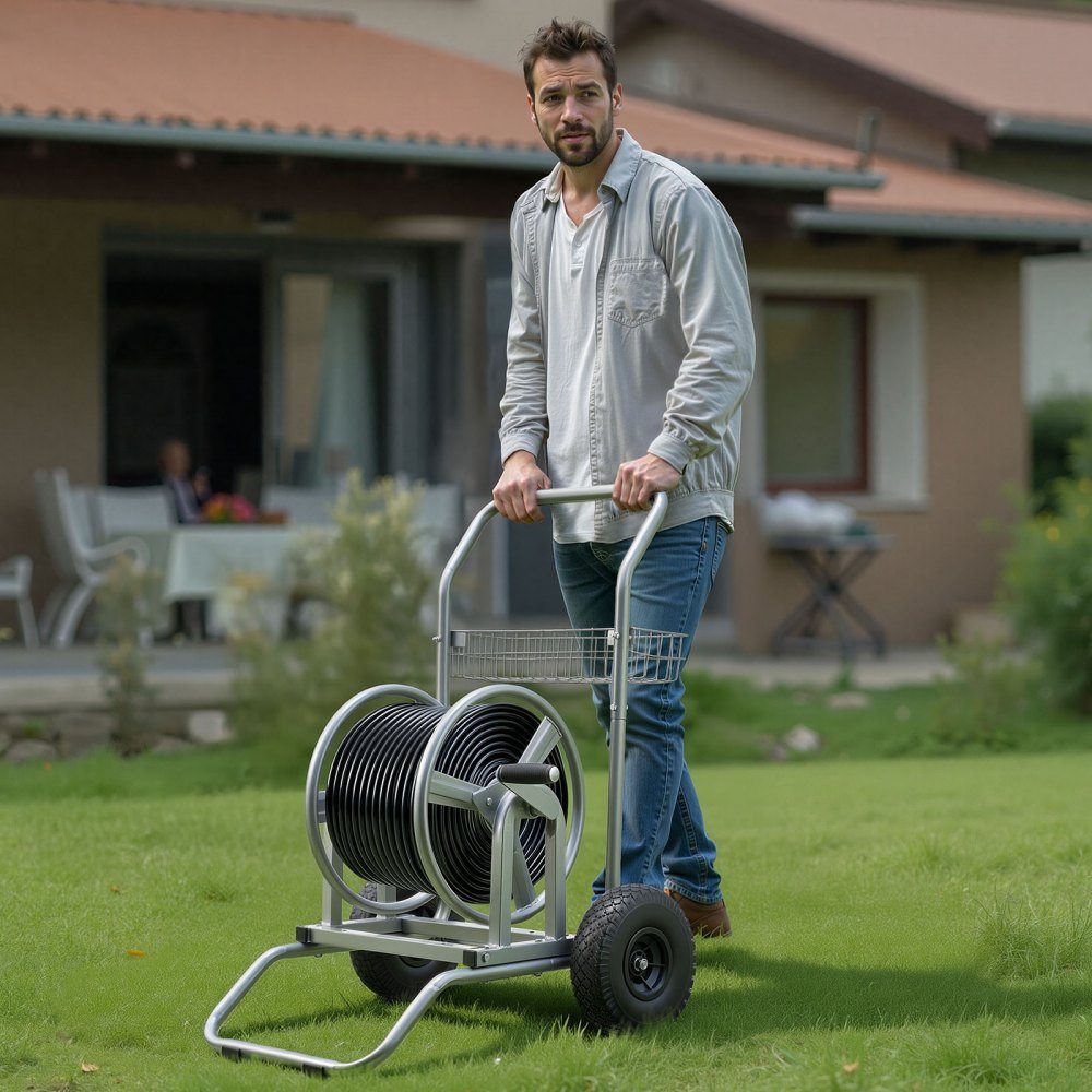 Schlauchwagen, 6096/9144 cm, Gartenschlauchwagen, Schlauchtrommel mit zwei Rädern, Griff und Aufbewahrungskorb, Schlauchtrommel mit doppeltem Verwendungszweck für Garten, Auto, 675 x 610 x 900 mm