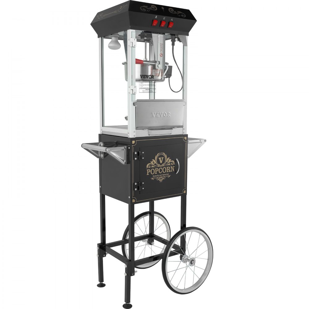 Popcornmaker, Popcornmaker met kar, 850W Popcornmaker, 8oz Ketel voor 48 kopjes per lading, Popcornmaker van gehard glas met 4 bolletjes Cinema Style Restaurant, Zwart