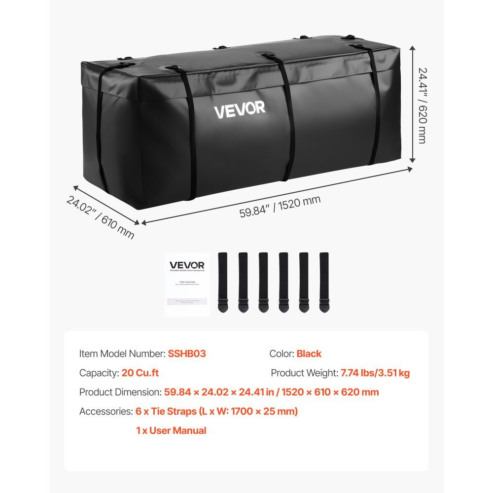 Gepäckträgertasche für Anhängerkupplung aus wasserfestem 840D PVC (0,566 m³), ​​Gepäcktasche zur Aufbewahrung auf der Ladefläche von LKWs mit verstärkten Gurten für PKW, SUV, Transporter, schwarz