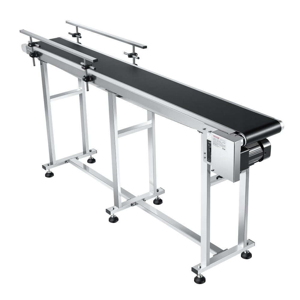Convoyeur à bande, table de convoyeur 1803,4 x 198,1 mm, convoyeur à bande motorisé en acier inoxydable pour applications de codage à jet d'encre, bande PVC alimentée, vitesse réglable (double garde-corps)