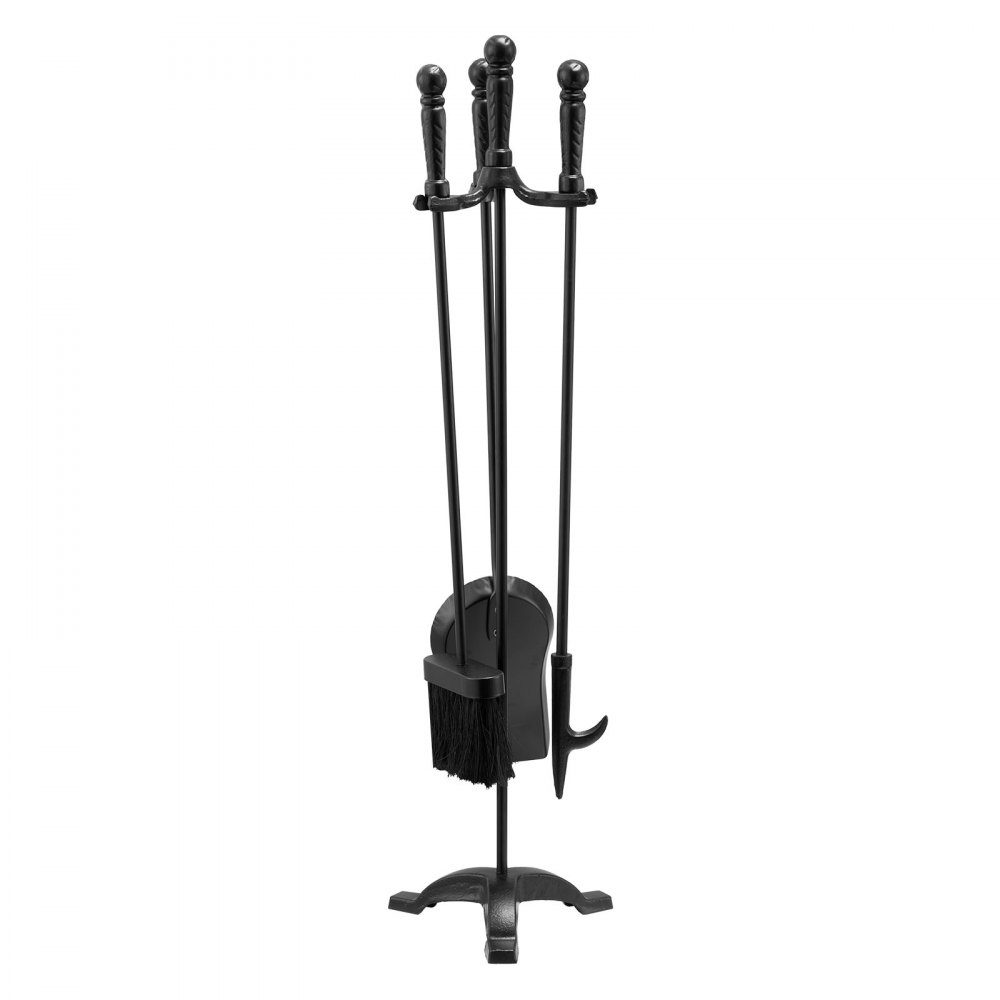 Kaminbesteck-Set, 4-teiliges Herdbesteck-Set, inklusive dreizackigem Ständer, Ascheschaufel, Besen, Schürhaken, schmiedeeisernes Kaminzubehör für Lagerfeuer im Innen- und Außenbereich, Schwarz