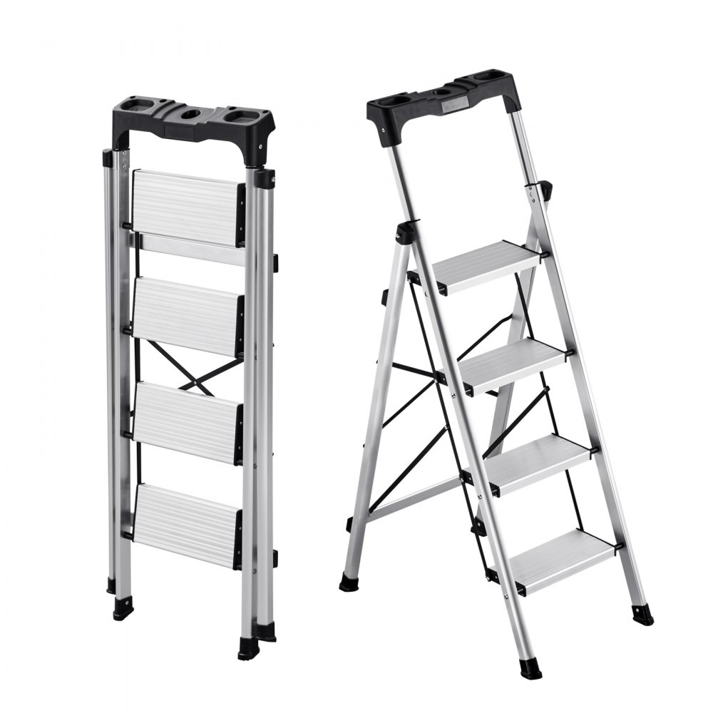 Step Ladder 4 Steps, Folding Ladder with Anti-Slip Steps & Comfortable Handle, Household Ladder Load Capacity 150 kg, Aluminum Safety Ladder for Kitchen, Household, Warehouse & Office, Silver