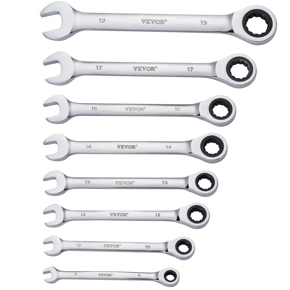 Wrench Set, 8 Piece Ratchet Wrench Set with Organizer Rack, Cr-V Steel Metric 8mm to 19mm Wrench Set, Ideal for General Car Repairs in Home, Garage, Workshop