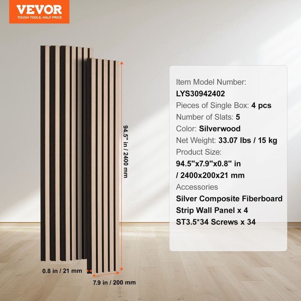 Akustikpaneele, 2400 x 200 x 21 mm, Akustikwandpaneele, MDF-Akzent-Holzwandpaneele für moderne Innenwanddekoration, Akustikpaneele, Kunstholz-Wandpaneele zur Geräuschreduzierung, 4er-Set