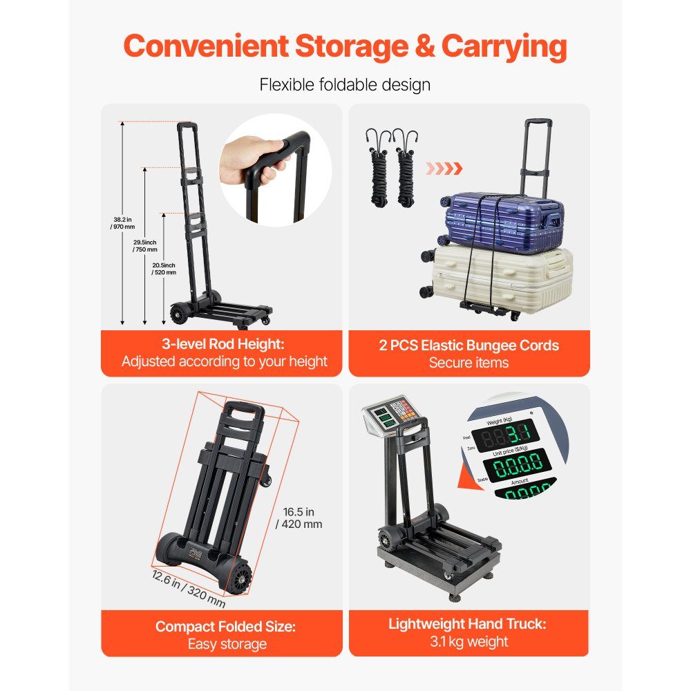 Diable pliable, capacité de charge de 131,5 kg, camion de transport à 4 roues, 2 cordes élastiques et base extensible, chariot de transport pour aéroport, bagages, déménagements de bureau, noir, 530x320x970mm