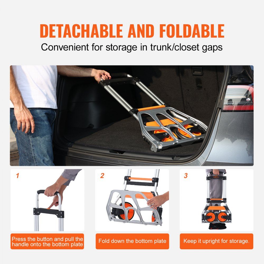 Folding Sack Truck 125kg Aluminum Alloy Plastic Transport Trolley Stacking Trolley with Adjustable Handle 820-1105mm Foldable Trolley with Tension Rope Included Compact Size for Storage
