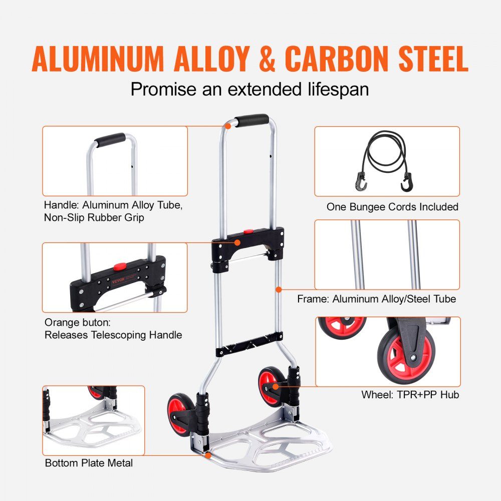Diable, chariot de transport pliable en plastique en alliage d'aluminium de 80 kg, chariot empilable avec poignée réglable, chariot pliable de 715 à 930 mm, comprend une corde élastique, taille compacte pour le stockage