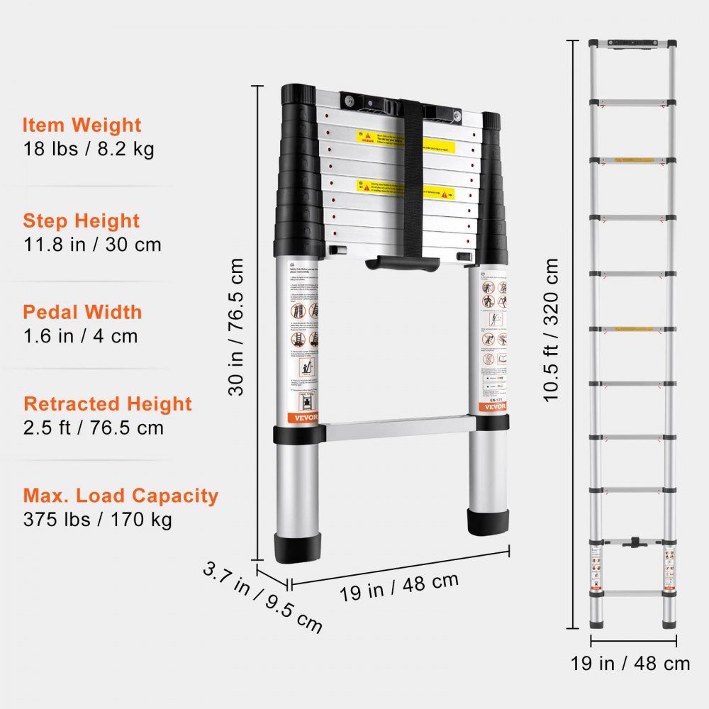 3.2m Telescopic Ladder Non-Slip Folding Ladder 48 x 9.5 x 76.5cm Step Ladder One Button Retraction Multipurpose Ladder Aluminum Alloy 170kg Load Capacity Ideal for Home Repair Decoration Wall Painting