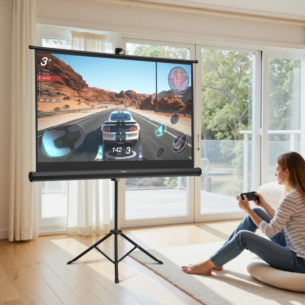 Projection screen tripod screen (60 inches) with 160° wide angle, projector screen for indoor and outdoor projectors 16:9 4K HD, portable film screen with carrying bag for home cinema presentation