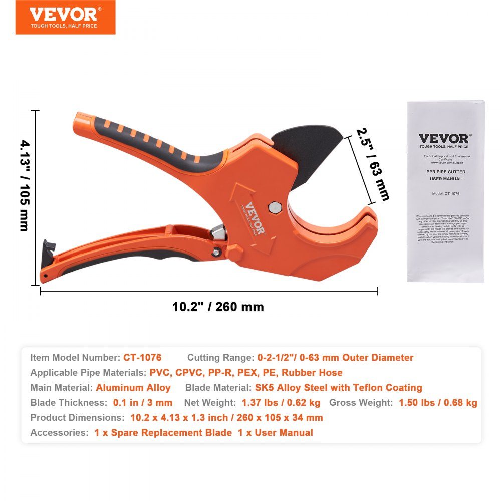 PVC-Rohrschneider, 0-2-1/2 Zoll Außendurchmesser, Ratschen-PVC-Rohrschneider, robustes Rohrschneidewerkzeug mit SK5-Ersatzklinge für PVC-, CPVC-, PP-R-, PEX-, PE- und Gummischläuche