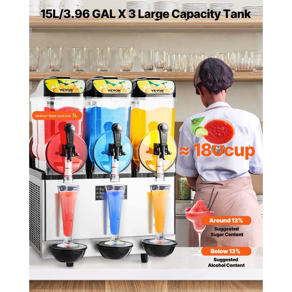 Commercial Slush Ice Machine 45L Slushie Maker with 3 Tanks, Stainless Steel Crushed Ice Machine for 180 Cups Margarita and Smoothies, Ice Slush Machine for Home Catering Cafe Bars