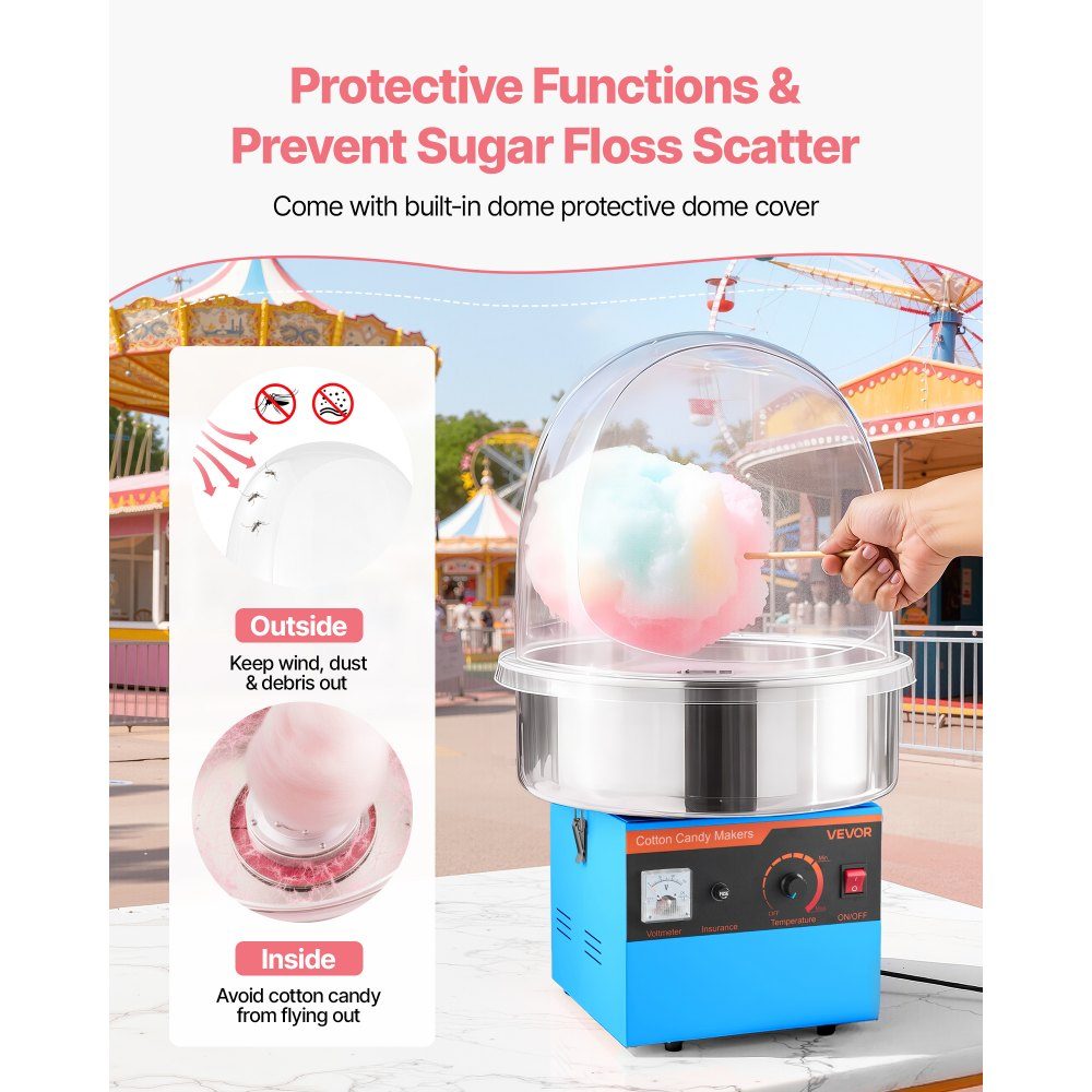 Machine à barbe à papa électrique 1000 W, machine à barbe à papa avec couvercle, bol en acier inoxydable et cuillère à sucre, idéale pour le carnaval, les anniversaires, les fêtes de famille, machine à barbe à papa professionnelle bleue