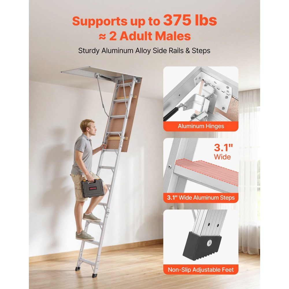 Folding Attic Stairs, 170kg Heavy Duty Aluminum and Wood Attic Ladder, Hydraulic Attic Stairs with Pull Rope for Ceiling Heights 300-313cm, Metal Ladder with 137cm x 57cm Access Opening, Silver