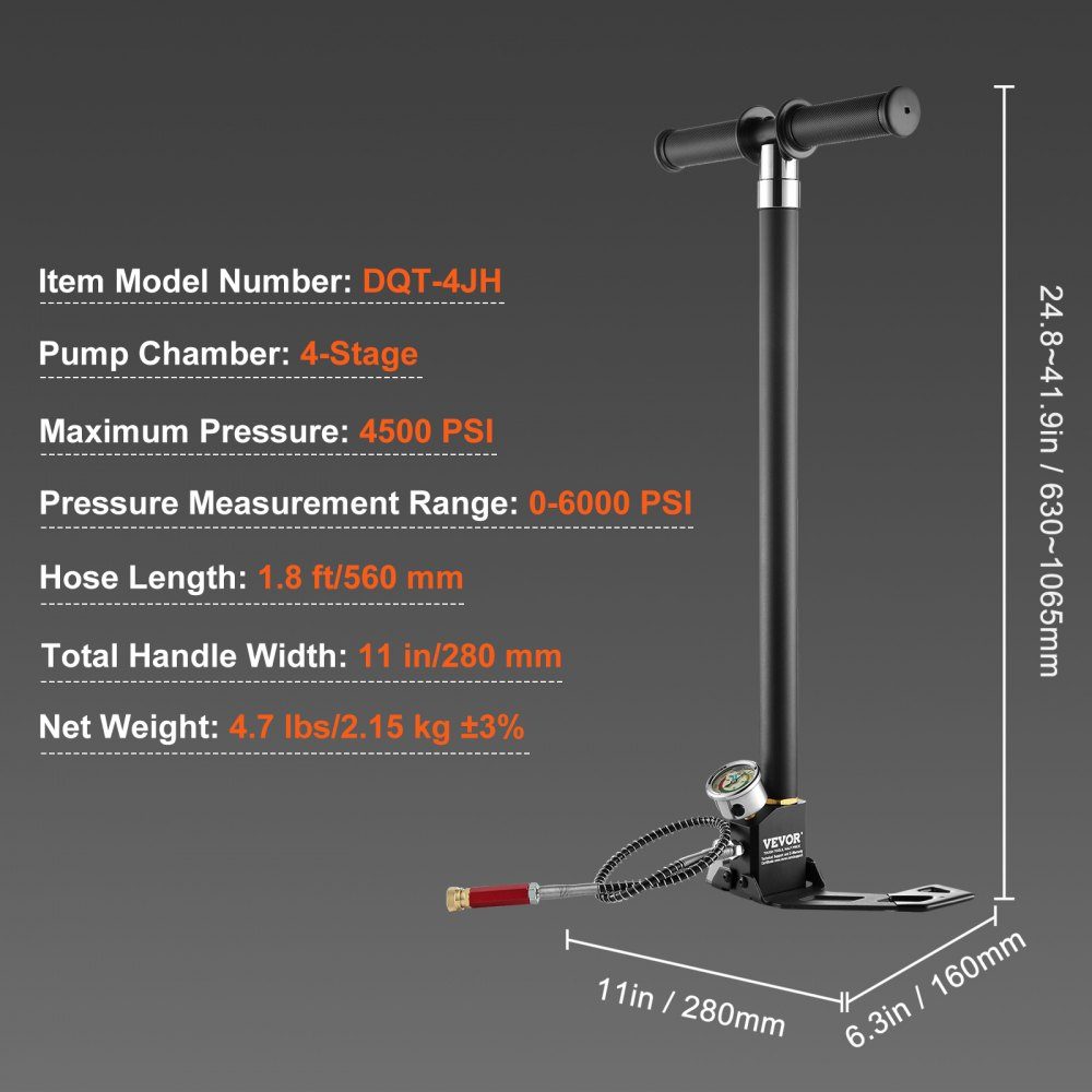 PCP-Handpumpe, 4-stufig, 30 MPa, 4500 PSI, Hochdruck-PCP-Luftgewehr-Füllstangenpumpe mit Öl-Feuchtigkeitsfilter, Manometer, Edelstahl, für Luftgewehre, Tauchflaschen, Paintball-Füllreifen