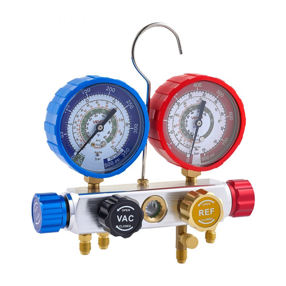 Air Conditioning Pressure Gauge Set for Refrigerant R22 R404A R410A R12, 4 Way Pressure Gauge with 1.5m Hoses, for Maintenance, Evacuation, Filling, Restoration of Air Conditioning Systems in Vehicles, Households