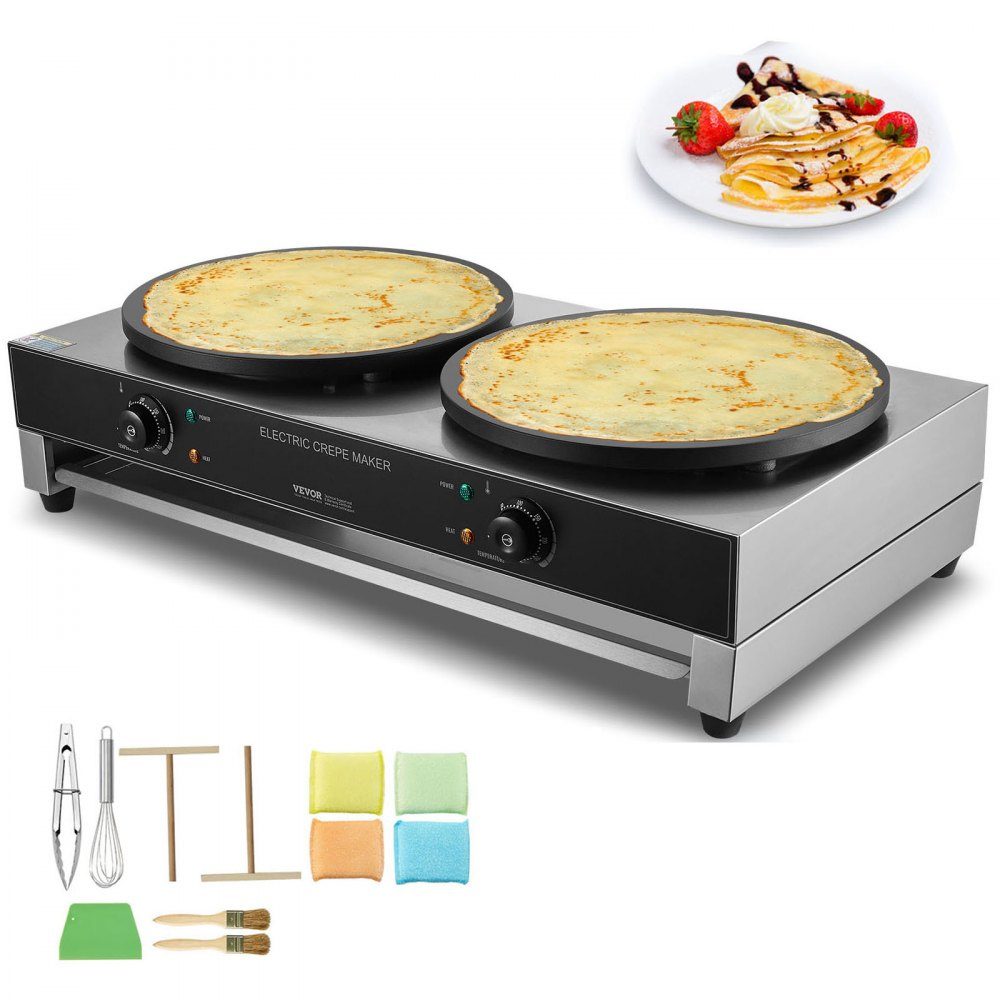 Electric Crepe Maker, Double Head Crepe Machine, 6000W Flat Crepe Grill Plate, Stainless Steel Pancake Oven, Cereal Pancake Oven, Temperature Control (No Plug)