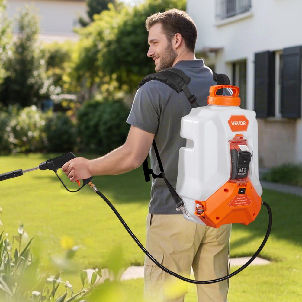 Bezprzewodowy opryskiwacz ciśnieniowy, opryskiwacz elektryczny 16 l, 2 różdżki i 8 dysz, regulowane ciśnienie 0–6 barów, czas pracy 4 godziny, przenośny opryskiwacz plecakowy do podwórek i ogrodów do odchwaszczania, opryskiwania i czyszczenia